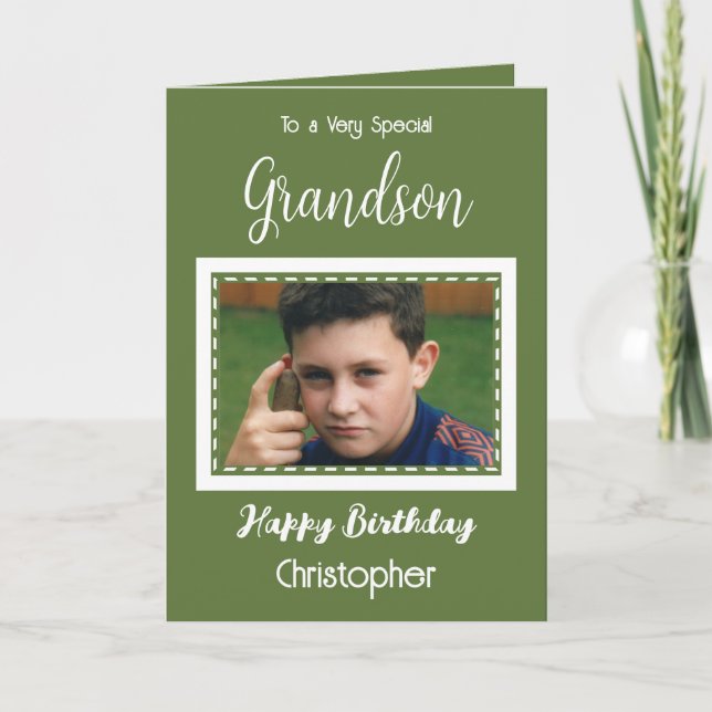 Sehr besondere Grandson Foto Grün Geburtstag Karte (Vorderseite)