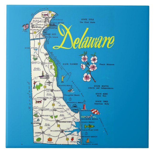 Sehr Blue Delaware Map Keramik Tile Fliese (Vorderseite)