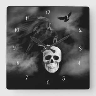 Sehr cooler gotischer Stil Rabe und Totenkopf Samh Quadratische Wanduhr