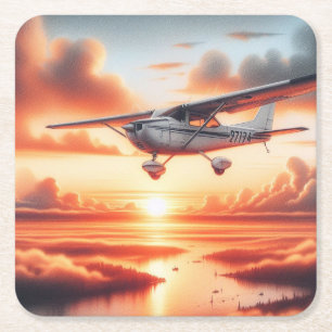 Sehr Cooles Cessna-Flugzeug bei Sonnenuntergang Rechteckiger Pappuntersetzer