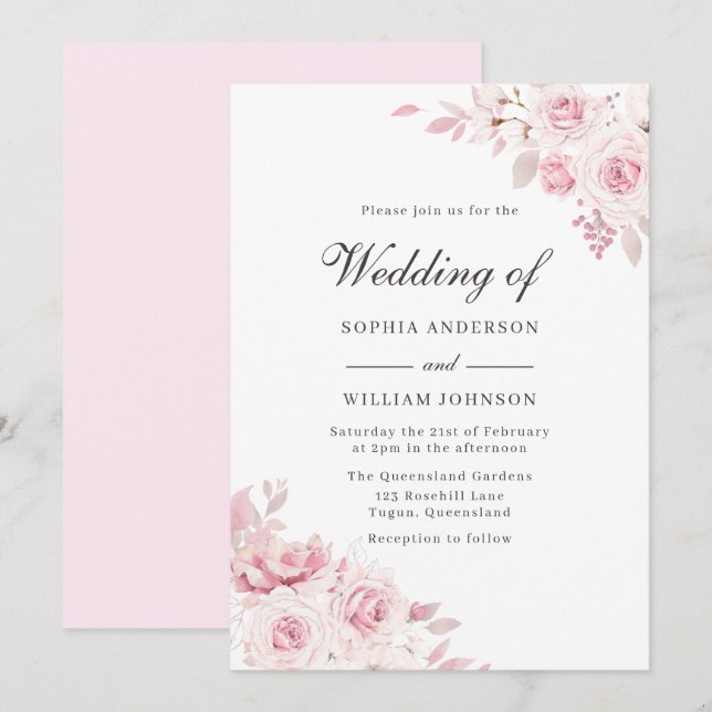 Sehr elegante Blush Pink Wasserfarben Blumenzehen Einladung (Vorne/Hinten)