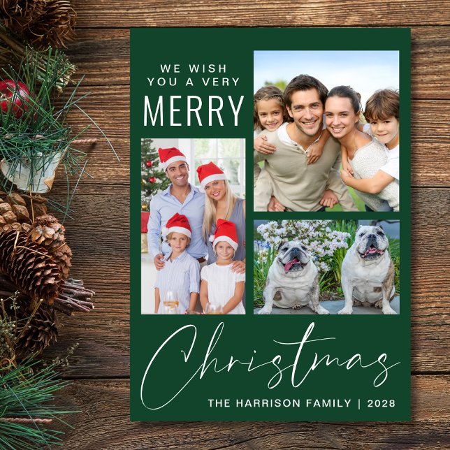 Sehr frohe 3 Foto Grünen Weihnachten (This holiday season, let your family's smiles and heartwarming memories shine on our 3 photo card)