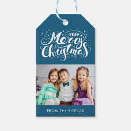 Sehr frohe Weihnachts-Foto-Geschenktasten | Blau Geschenkanhänger
