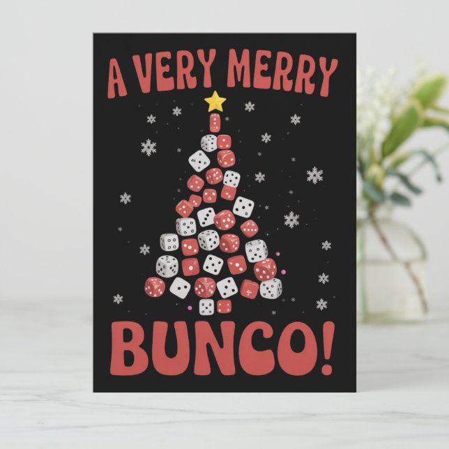 Sehr fröhlicher Bunco-Weihnachtsbaum-Würfelspielab Feiertagskarte (Stehend Vorderseite)