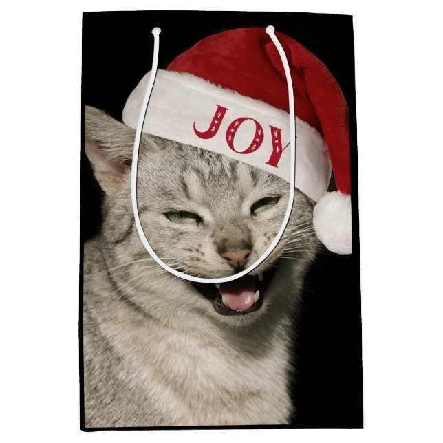 Sehr Funny Santa Cat Laugh Foto Weihnachten Mittlere Geschenktüte (Vorderseite)
