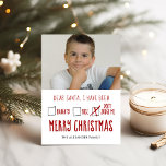 Sehr geehrte Santa Naughty Nice Holiday Foto Card Feiertagskarte<br><div class="desc">Niedliche Ferienwohnung Fotokarte mit einem Lieber-Weihnachtsgeschenk mit handgezeichneten Karo-Boxen für frech,  nett und urteilen Sie mich nicht und einem "Frohen Weihnachten" Gruß. Die Rückseite ist ein festliches Muster skizzierter Weihnachtsbäume auf einem aquamarinen Hintergrund. Personalisieren Sie mit Ihrem Familiennamen und Foto.</div>