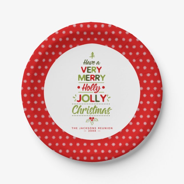 Sehr Merry Holly Jolly Weihnachtsbaum Custom Text Pappteller (Vorderseite)