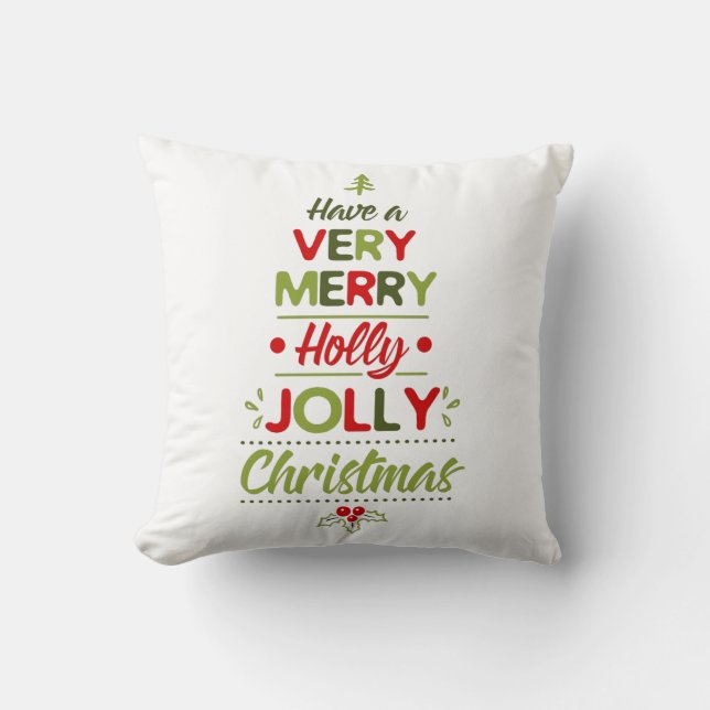 Sehr Merry Holly Jolly Weihnachtsbaum Typografie Kissen (Vorderseite)