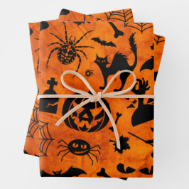 Sehr schöne Halloween-Hexe, Schwarze Katze, Kürbis Geschenkpapier Set