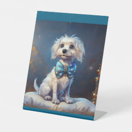 Sehr süßer kleiner Hund mit blauer Fliege Sockelschild