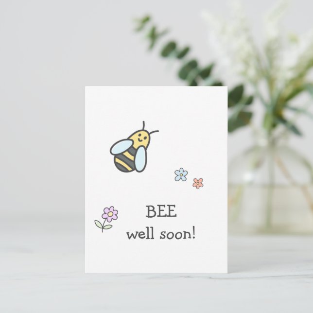 Sei bald gut! Niedliche Blume und Bienen werden gu Postkarte (Stehend Vorderseite)