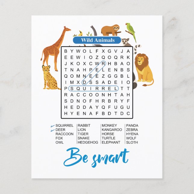 Sei clever – Wilde Tiere Wortsuche Flyer (Vorne)