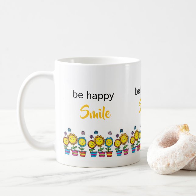 Sei Glücklich Sonnenblumen Blumen Tasse  (Mit Donut)