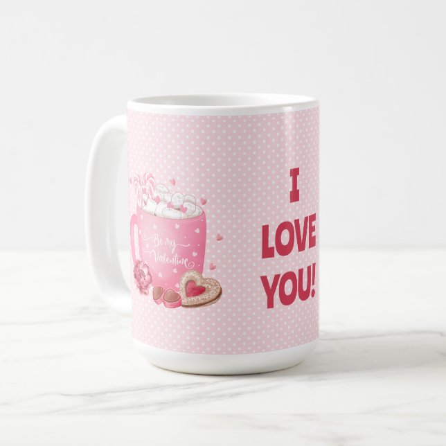 Sei mein Valentinenkakao, Kekse, Süßigkeiten-Rosa- Kaffeetasse (Vorderseite Links)