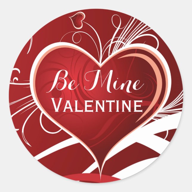 Sei mein Valentiner Rotes Herz und weiße Wirbel Runder Aufkleber (Vorderseite)