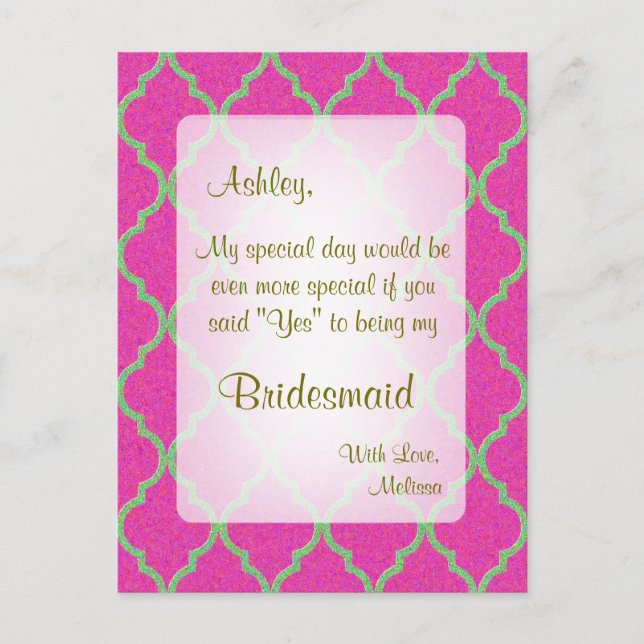 Sei meine Bridesmaid | Hot-Rosa-Quatrefolie Postkarte (Vorderseite)