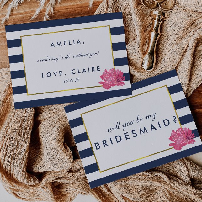 Sei meine Bridesmaid-Karte | Navy Strip & Pink Peo Einladung (Von Creator hochgeladen)
