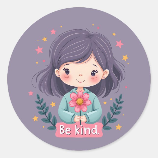 Sei nettes Niedliches Mädchen mit Blume-positiver  Runder Aufkleber (Vorderseite)