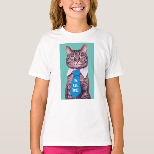 "Sei PHANTASTISCH!" Katze in blauer Krawatte, Aqua T-Shirt (Vorderseite)