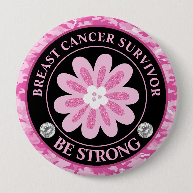 Sei stark Rosa Blumen-Bewusstseins-Design Button (Vorderseite)