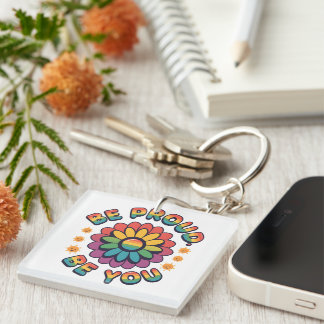 Sei stolz, sei du selbst – Retro-Regenbogen-Blumen Schlüsselanhänger