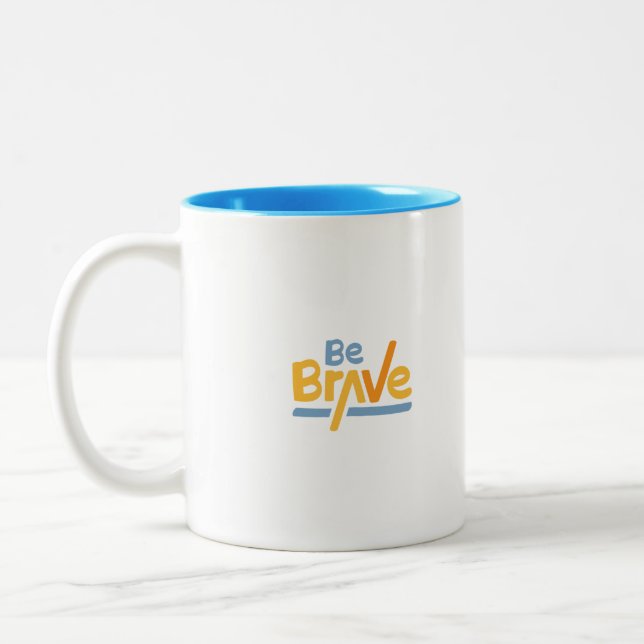 Sei tapfer in gelber und blauer motivierend Tasse (Links)