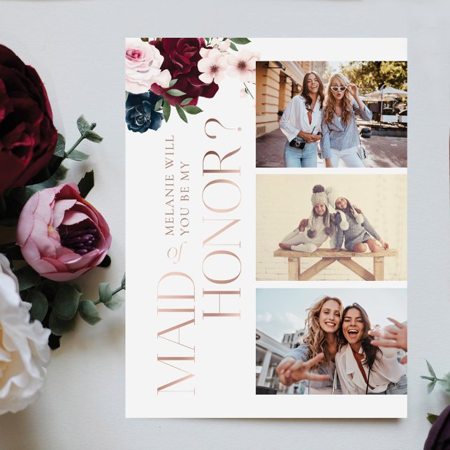 Seid meine Trauzeugin? Burgund & Navy Florals Foto Einladungspostkarte (Von Creator hochgeladen)