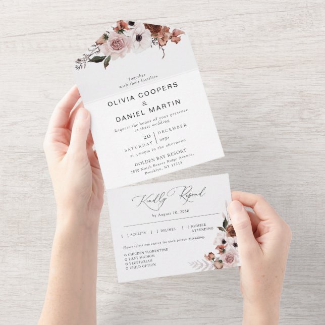 Seidenblume in einer Hochzeitseinladung All In One Einladung (Abreißen)