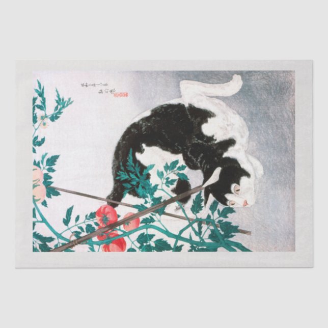 Seidenpapier: JAPANESE WOODBLOCK : Katze mit Tomat Seidenpapier (Vorderseite)