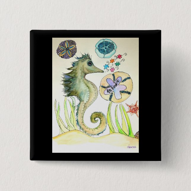 Seien Sie ein nettes Aquarell von Seepferd und Puz Button (Vorderseite)