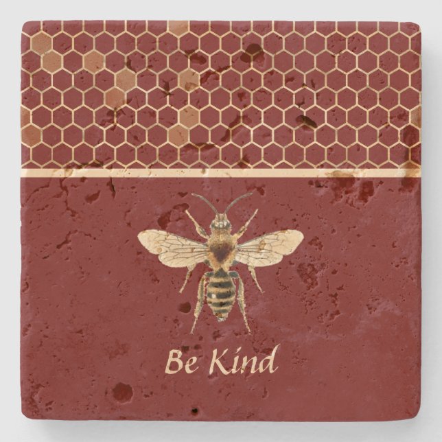 Seien Sie freundlich Bee und Honeycomb auf Burgund Steinuntersetzer (Vorderseite)