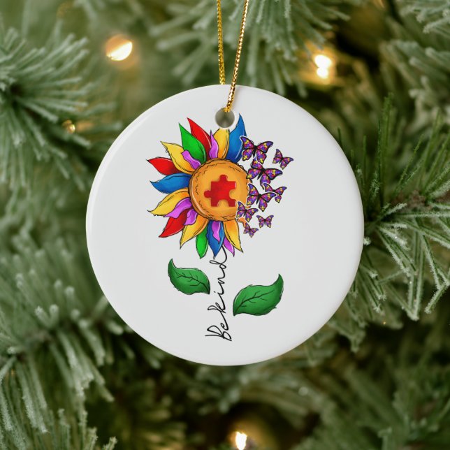 Seien Sie freundlich Sonnenblumen- Autismus-Bewuss Keramik Ornament (Baum)