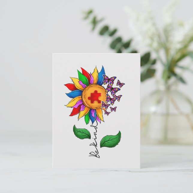 Seien Sie freundlich Sonnenblumen- Autismus-Bewuss Postkarte (Stehend Vorderseite)