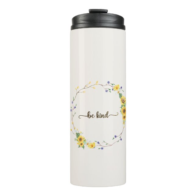Seien Sie freundlich, Sonnenblumen, botanischer Kr Thermosbecher (Vorderseite)