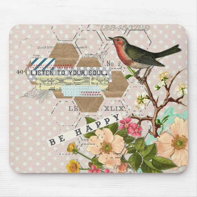 Seien Sie glücklich bei der digitalen Vogelcollage Mousepad (Vorne)