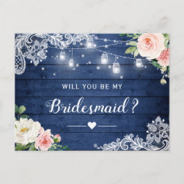 Seien Sie mein Bridesmaid-Vorschlag rustikal blaue Einladungspostkarte
