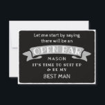 Seien Sie meine Trauzeuge Card - Funny Open Bar Dankeskarte<br><div class="desc">Pop die Frage mit dieser humorvollen und charmanten Flachkarte. Personalisieren Sie die Vorderseite mit seinem Namen und die Rückseite mit Ihrer persönlichen Nachricht. Editieren Sie einfach den Namen und die Nachricht auf der Rückseite, wählen Sie eine Menge "1" und fügen Sie zum Warenkorb. Erstellen Sie personalisierte Karten für die gesamte...</div>