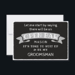 Seien Sie meine Trauzeuge Card - Funny Open Bar Dankeskarte<br><div class="desc">Pop die Frage mit dieser humorvollen und charmanten Flachkarte. Personalisieren Sie die Vorderseite mit seinem Namen und die Rückseite mit Ihrer persönlichen Nachricht. Editieren Sie einfach den Namen und die Nachricht auf der Rückseite, wählen Sie eine Menge "1" und fügen Sie zum Warenkorb. Erstellen Sie personalisierte Karten für die gesamte...</div>