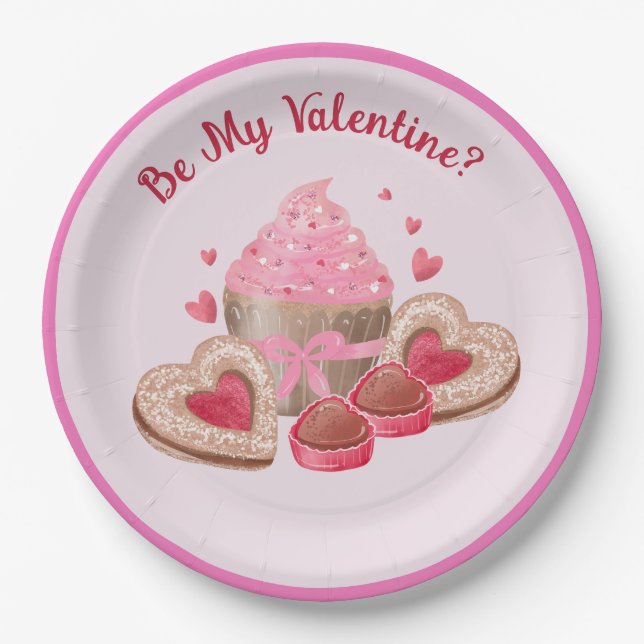 Seien Sie meine Valentine Cup Kuchen, Cookies und  Pappteller (Vorderseite)