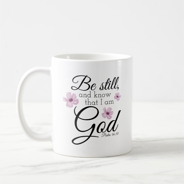 Seien Sie noch Psalm 46:10 Violett-Blumen im Wasse Kaffeetasse (Links)