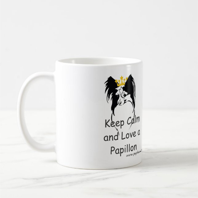 Seien Sie ruhig und Liebe ein Papillon Kaffeetasse (Links)