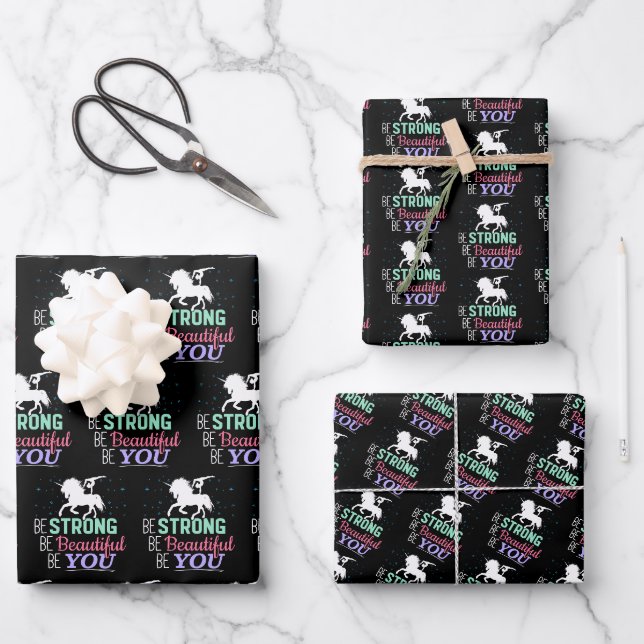 Seien Sie schön - Gymnastik Einhorn Geschenkpapier Set (Vorderseite)