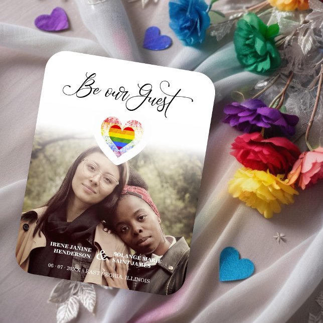 Seien Sie unser Gast Pride Rainbow Heart Lesbian G Magnet (Be our Guest Quote Cute Pride Rainbow Heart Lesbians Gays Photo Save the Date Magnet Card. )