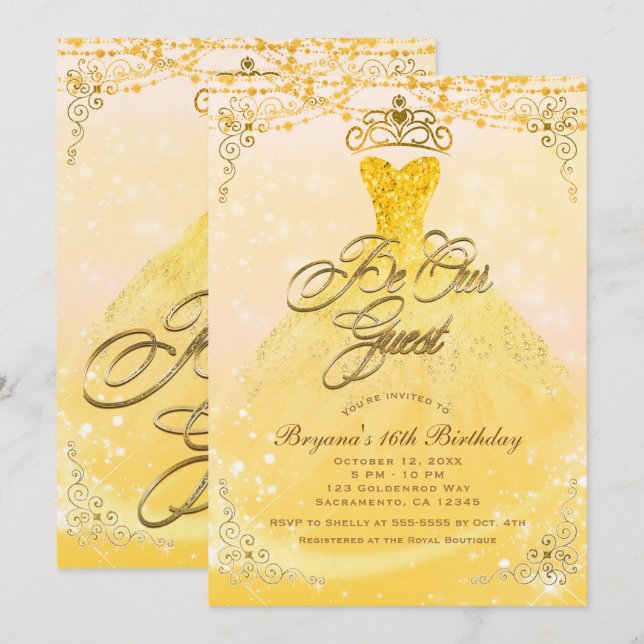 Seien Sie unsere Gastprinzessin Yellow & Gold Swee Einladung (Vorne/Hinten)
