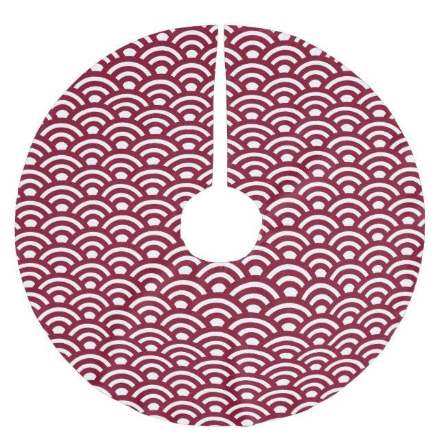 Seigaiha, Waves, Japanese, Burgundy and White Polyester Weihnachtsbaumdecke (Vorderseite)