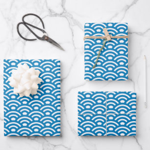 Seigaiha, Wellen, Japanisch, Blau und Weiß Geschenkpapier Set