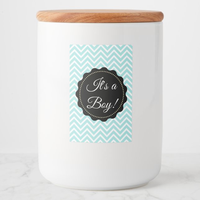 Sein Aquamarines Baby-Dusche Glas Mason Jar Label Lebensmitteletikett (Vorderseite)