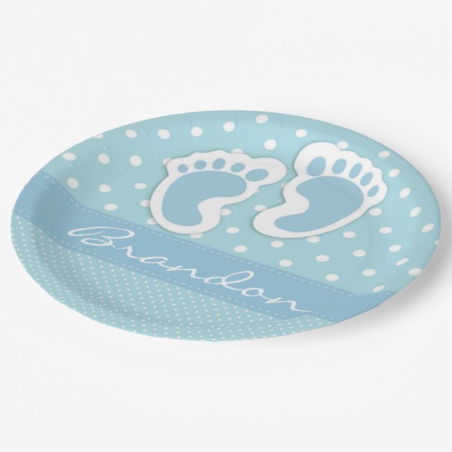 Sein blaues Feet mit weißen Polka Dots Muster Pappteller (Schrägansicht)