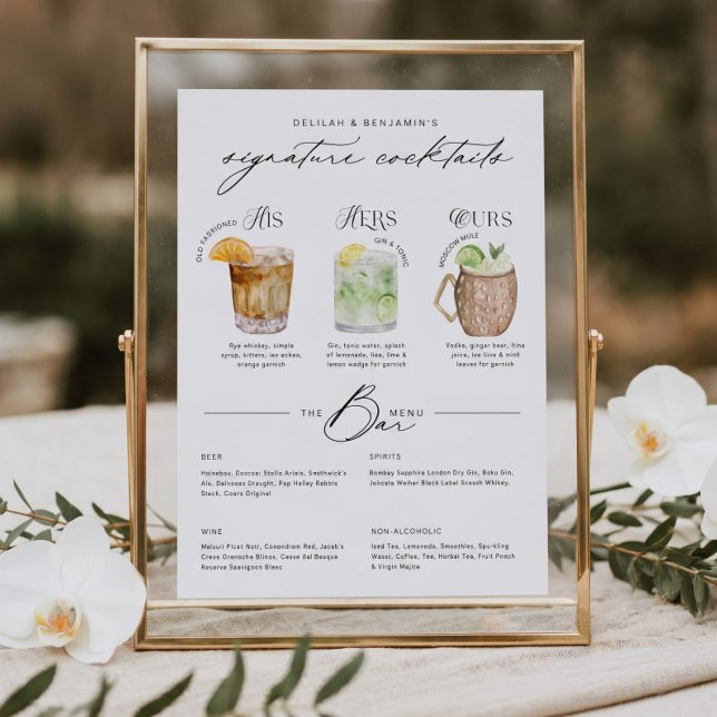 Sein Cocktail-Menü für Wasserfarben Poster (His Hers & Ours Watercolor Signature Cocktail Menu Poster)