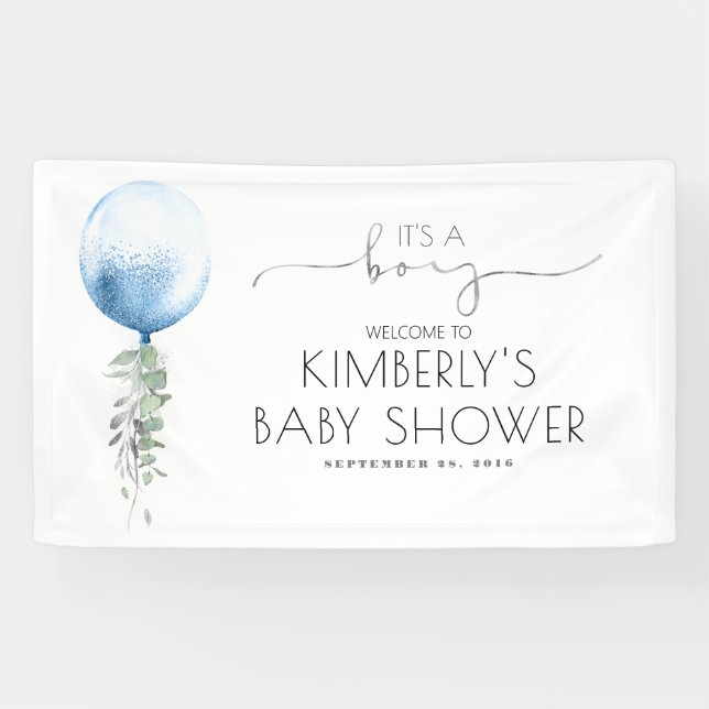 Sein Junge Silver Blue Balloon Baby Duschbanner Banner (Horizontal)